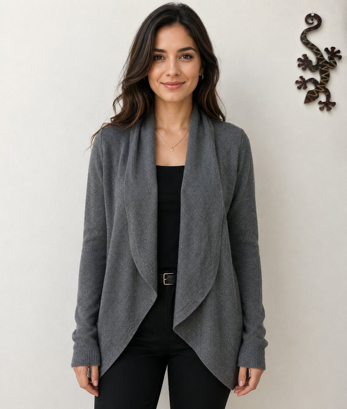 Cardigan Gris Abierto de Cuello Cascada - Express - Talla S