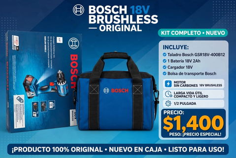 🔥 *KIT TALADRO BOSCH 18V BRUSHLESS - $1,400* 🔥 *Modelo:* GSR18V-400B12 *Broquero:* 1/2" metálico