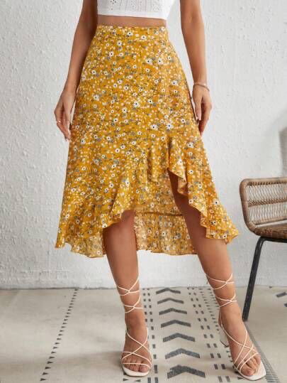 Falda midi asimétrica amarilla