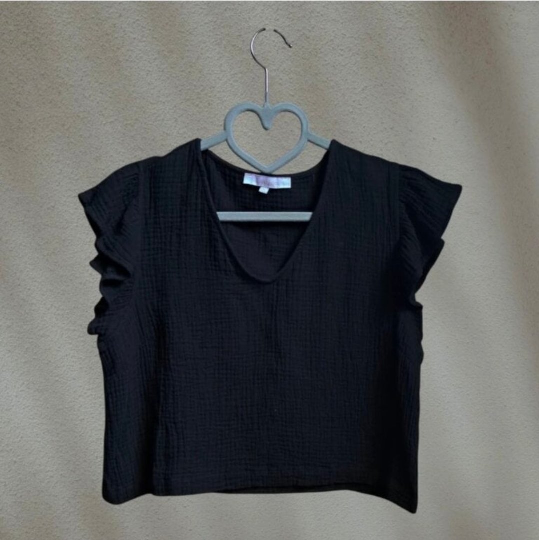 Crop Top Negro Olivaceus con Mangas de Olan - Talla M