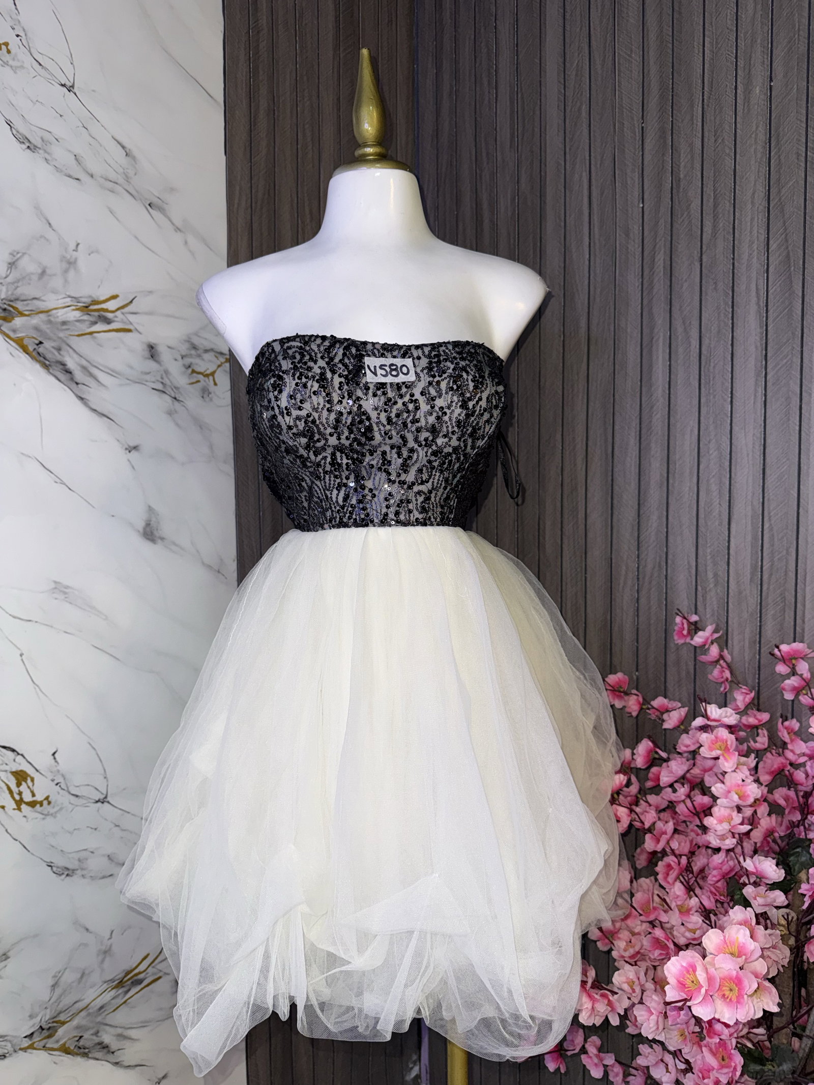 Vestido de Fiesta Strapless con Lentejuelas y Tul - Talla S