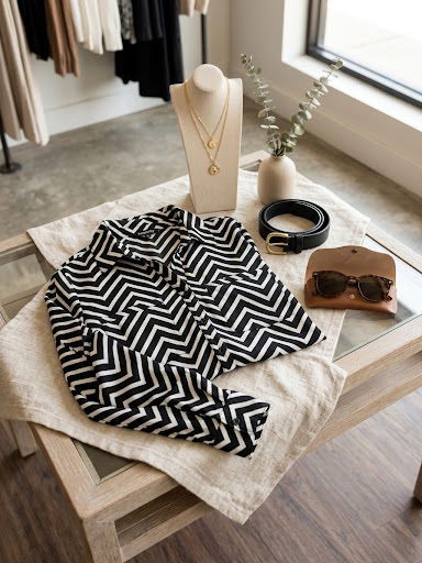 Camisa de Mujer con Diseño Geométrico en Blanco y Negro
