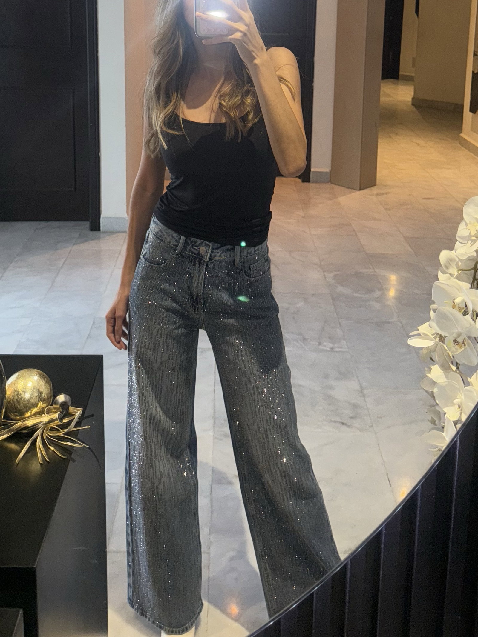 Mom jeans brillosos S