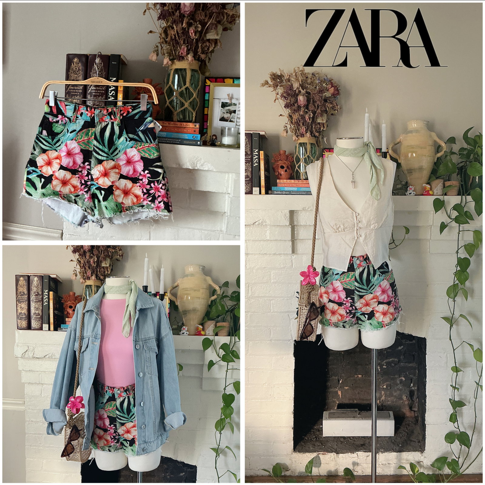 Short de Mezclilla Zara Talla 26 con Print Tropical