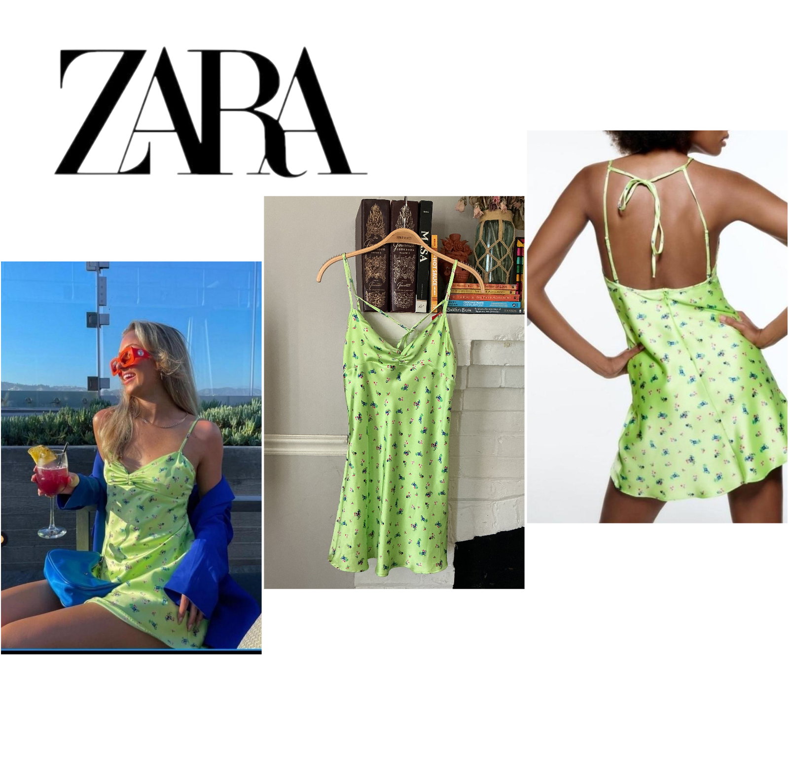 Vestido corto Zara verde limón con estampado floral