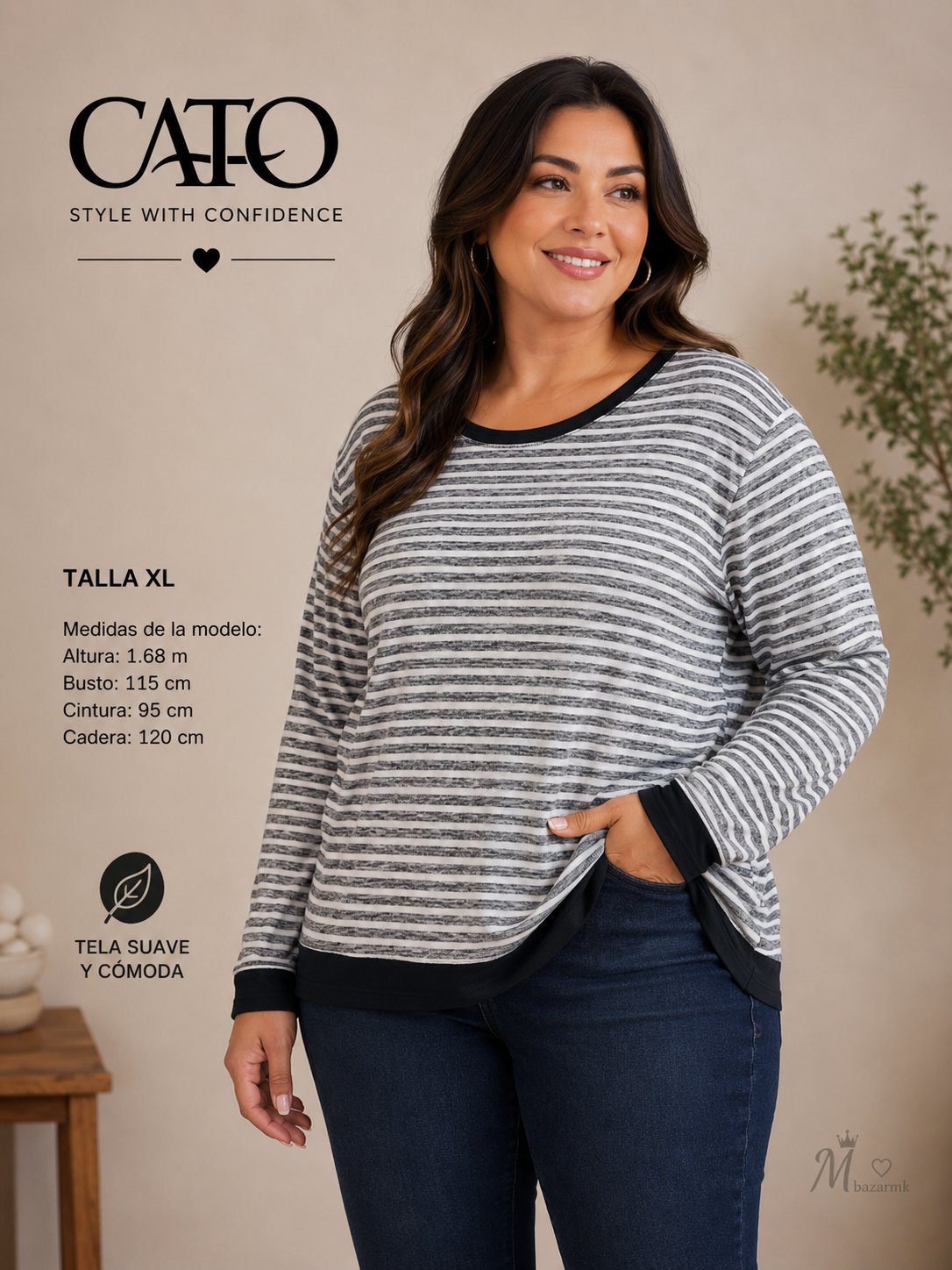 Blusa Rayas Blanco Negro CATO Talla XL