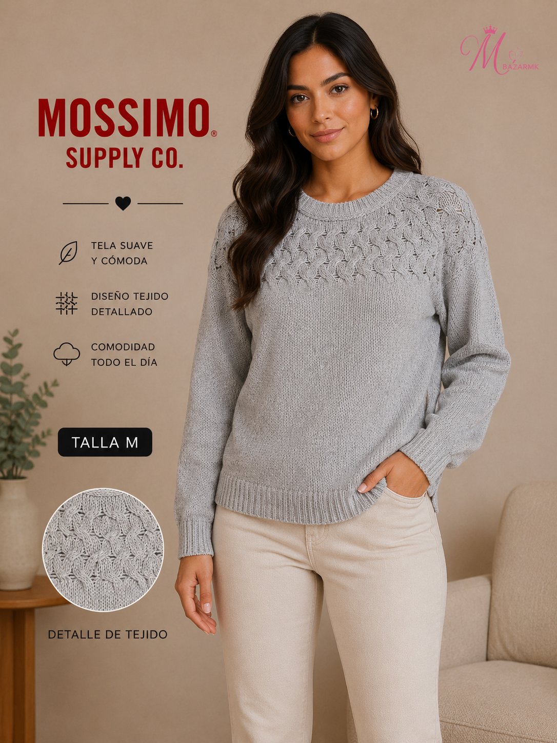Suéter Gris Mossimo Trenzado Talla M