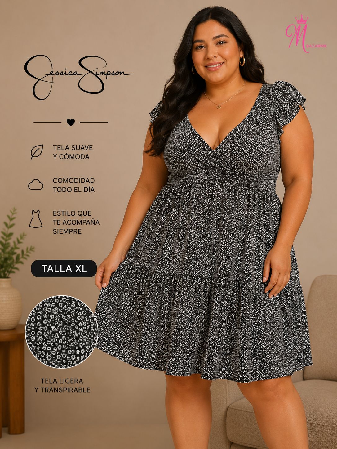 Vestido Jessica Simpson Talla XL Negro con Estampado Floral