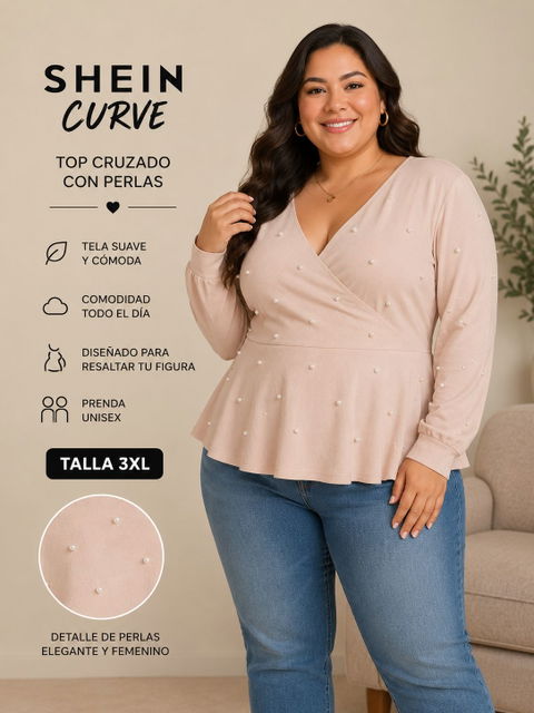 Top cruzado SHEIN CURVE 3XL con perlitas - Beige/Nude rosado