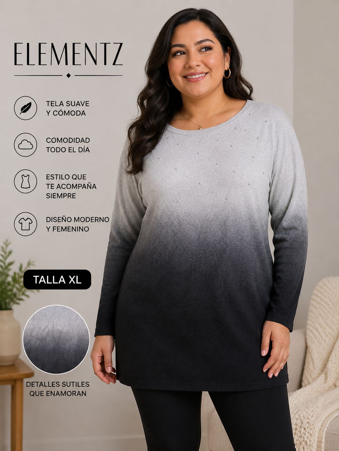 Sudadera ELEMENTZ Degradado Ombré Gris a Negro Talla XL
