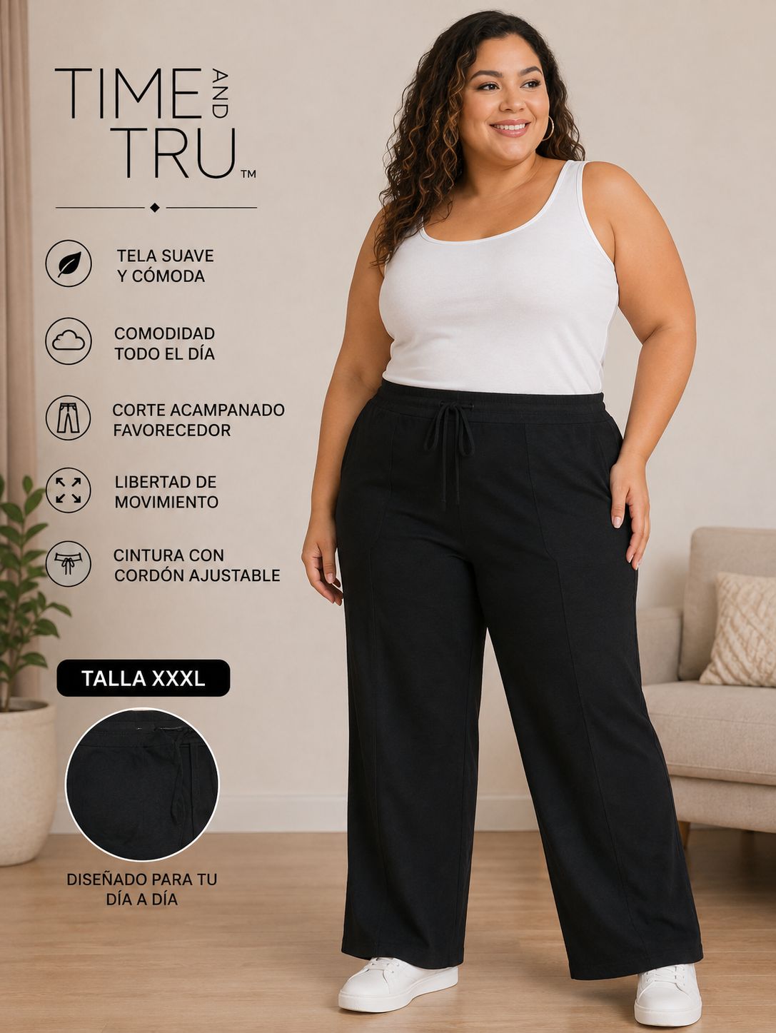 Pantalones Time and Tru XXXL Negro Sólido con Stretch
