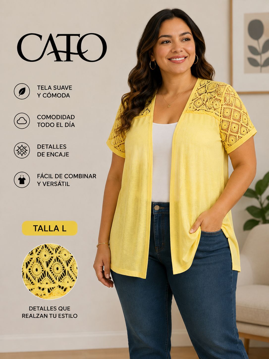 Chamarra Cato Amarilla con Encaje Crochet Talla G/XL