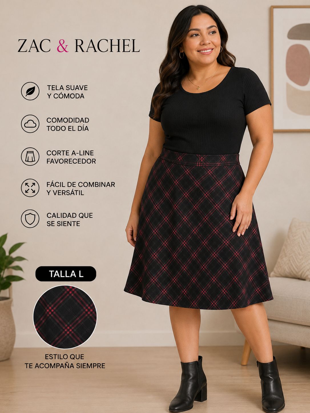 Falda Zac & Rachel Talla 12 - Estilo Escocés Negro con Rojo