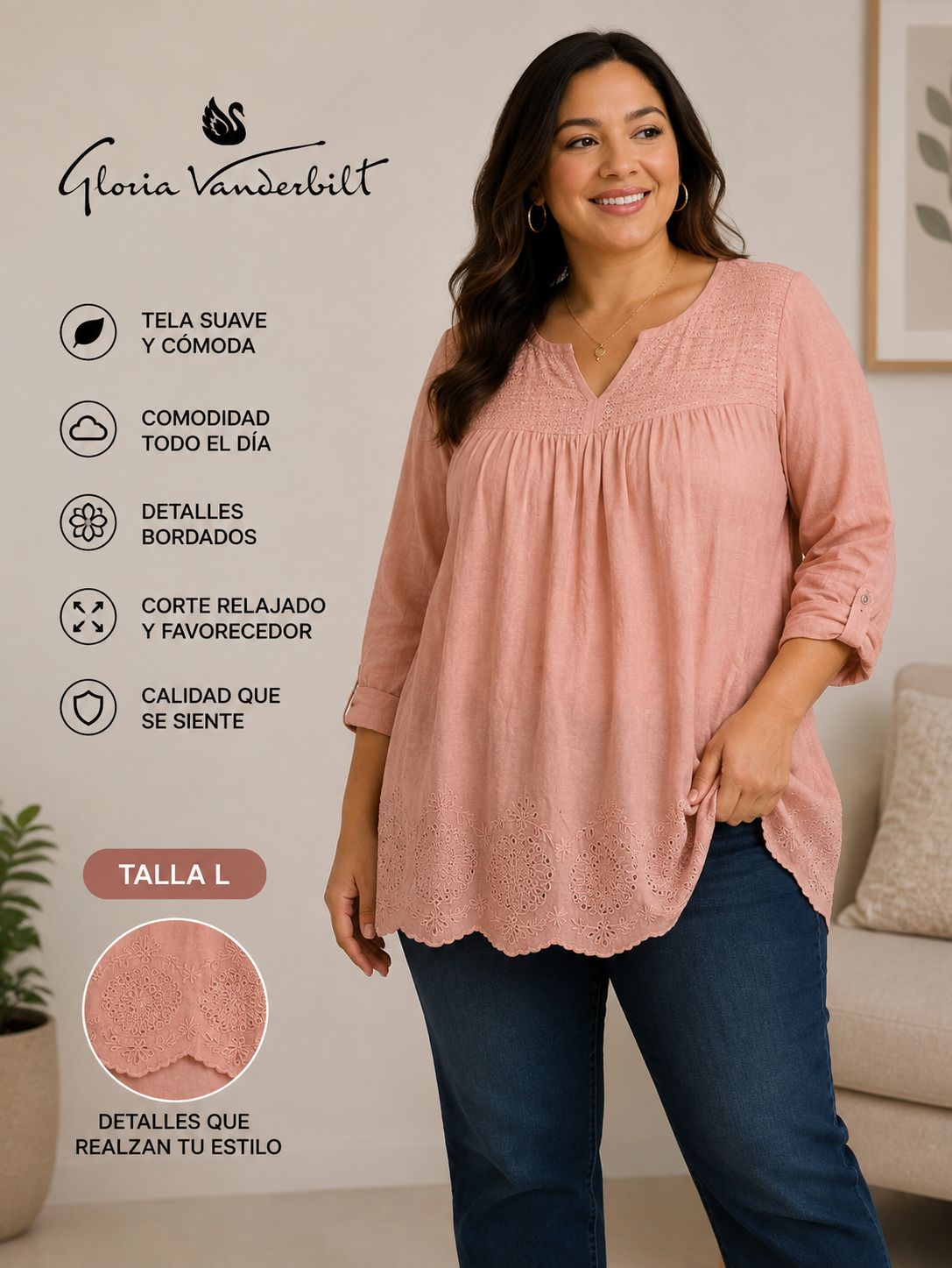 Blusa nueva Gloria Vanderbilt talla L color rosa palo con bordado