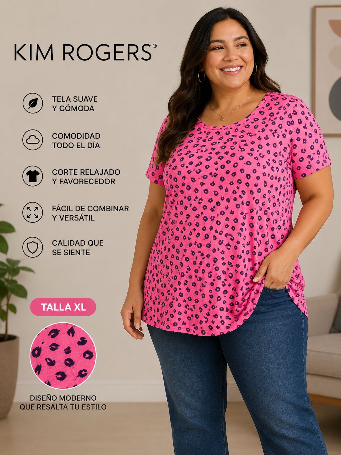 Playera Kim Rogers Rosa Fucsia con Estampado Animal Print Talla L
