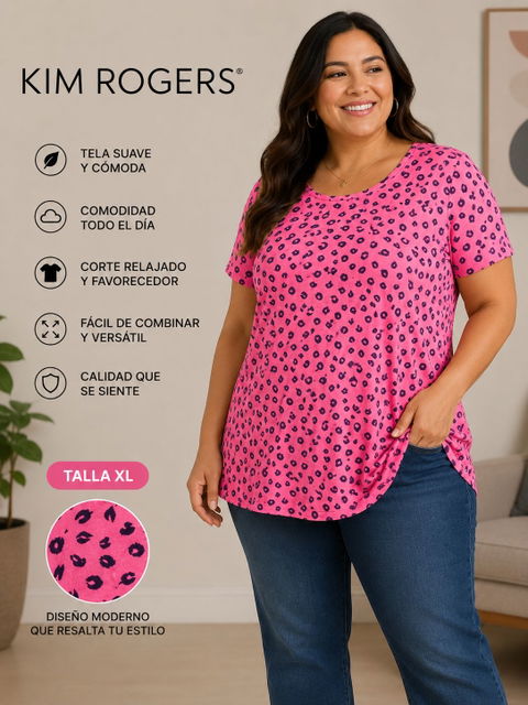 Playera Kim Rogers Rosa Fucsia con Estampado Animal Print Talla L