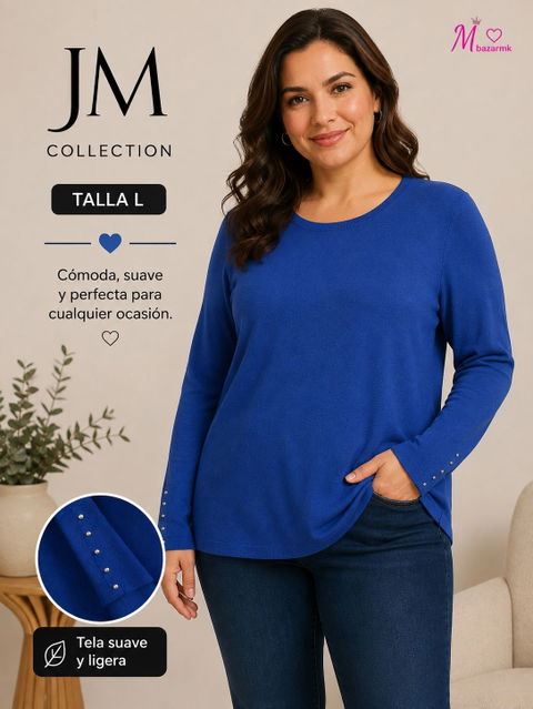 Playera de JM Collection Talla L Azul Rey con Botones