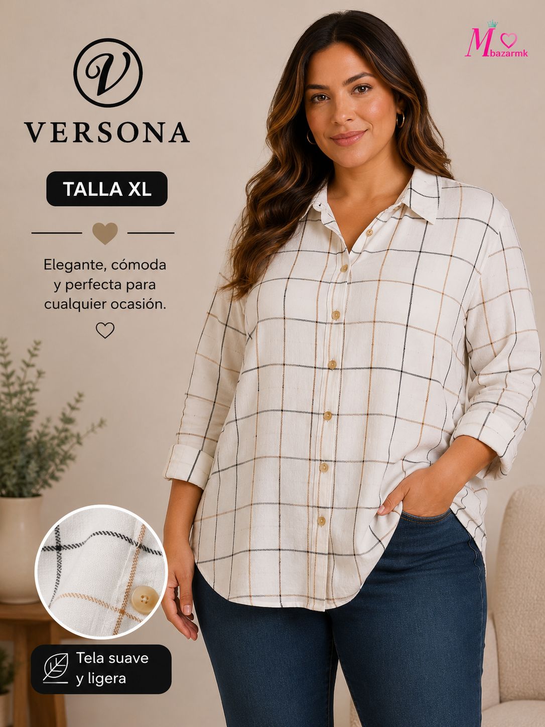 Camisa Versona XL Oversize Blanca con Cuadros