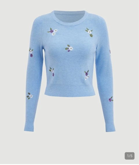 Suéter corto azul cielo con flores bordadas - Talla S (Shein)