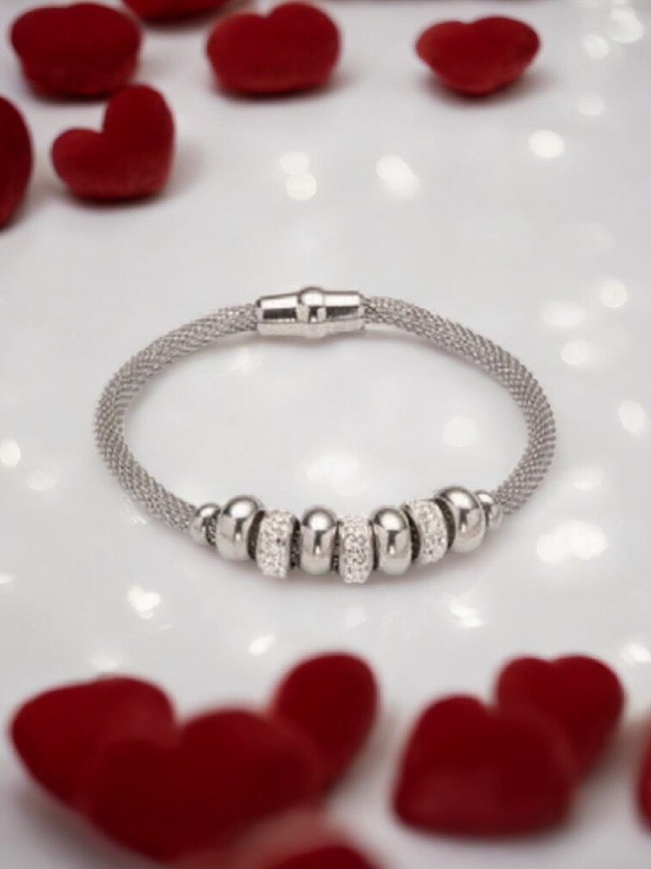 Pulsera de Acero Inoxidable Nueva con Cierre Imán y Piedras Brillantes