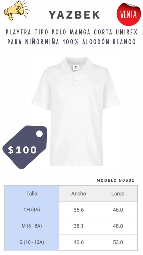 Playera tipo polo unisex 100% algodón blanca nueva