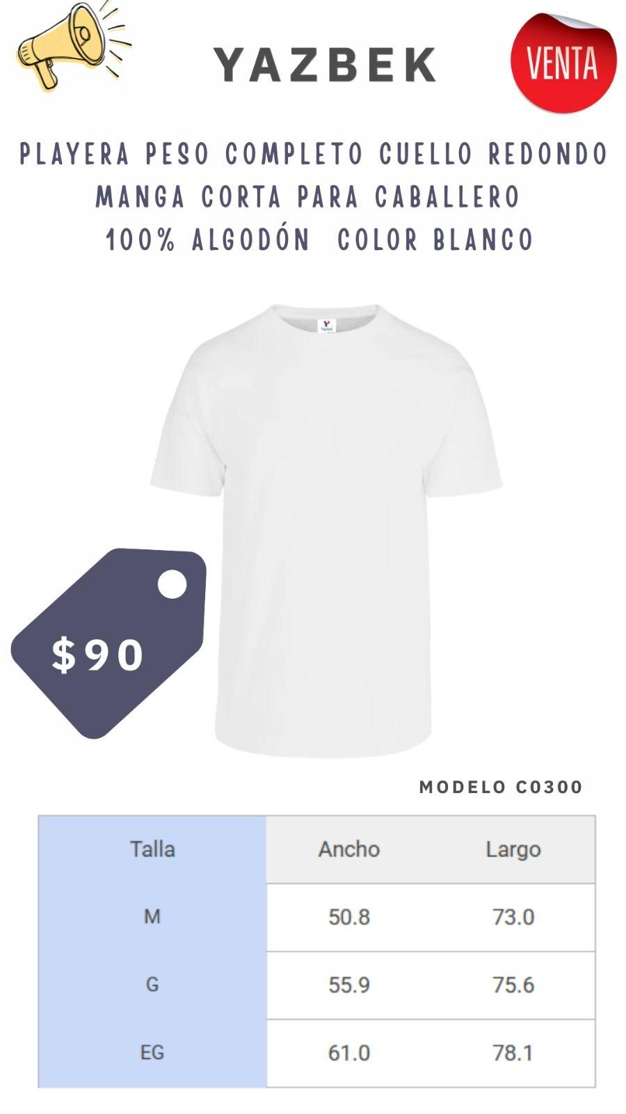 Playera blanca 100% algodón para caballero - Modelo C0300