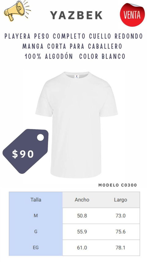 Playera blanca 100% algodón para caballero - Modelo C0300