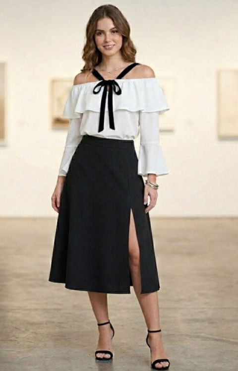 conjunto de falda abierta y blusa blanca Sin Hombros con Lazo Negro