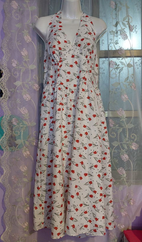 Vestido Midi Vintage Estilo Halter con Tulipanes Rojos