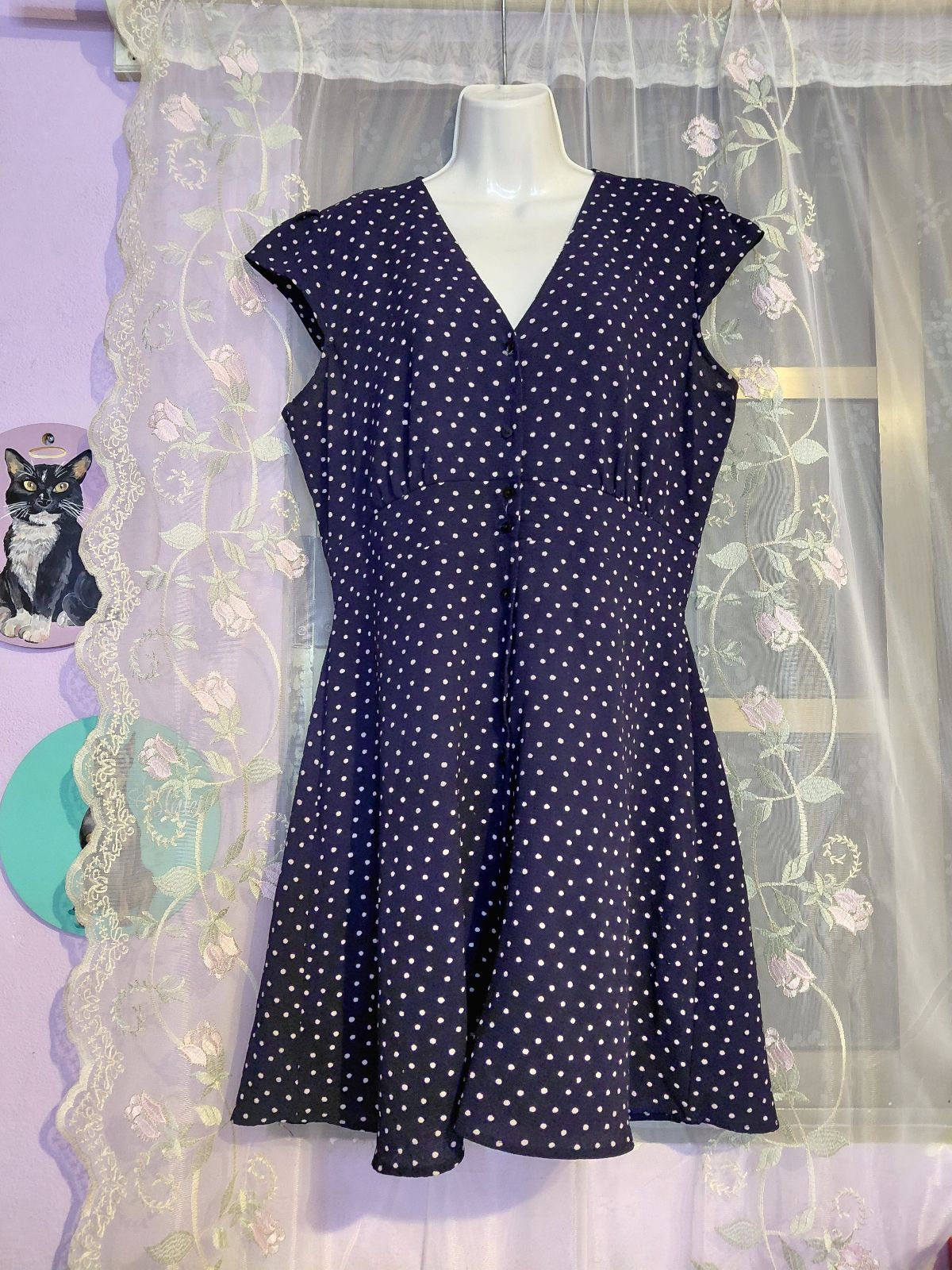 Vestido Azul Marino con Lunares Talla XL