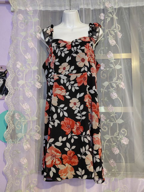 Vestido Negro con Flores Coral Talla XL