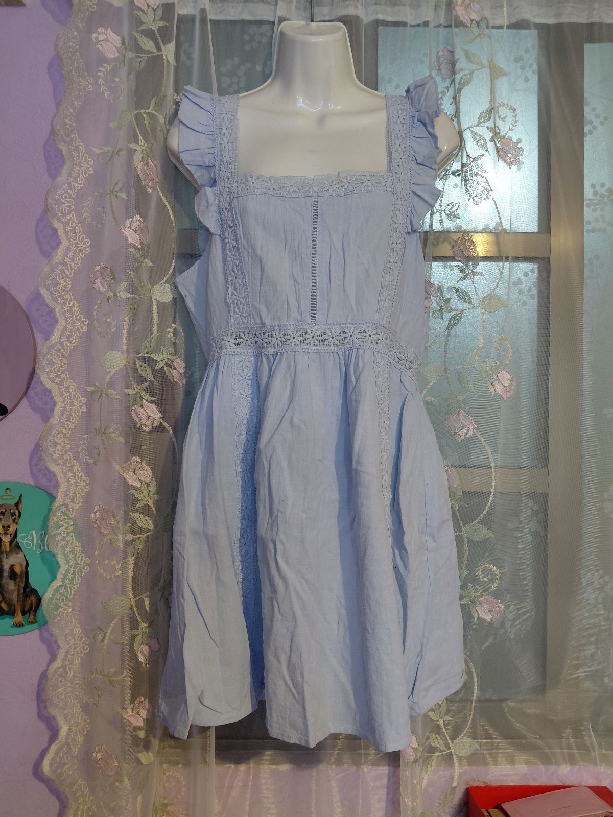 Vestido Azul Cielo con Encaje y Olanes Estilo Romántico Talla XL