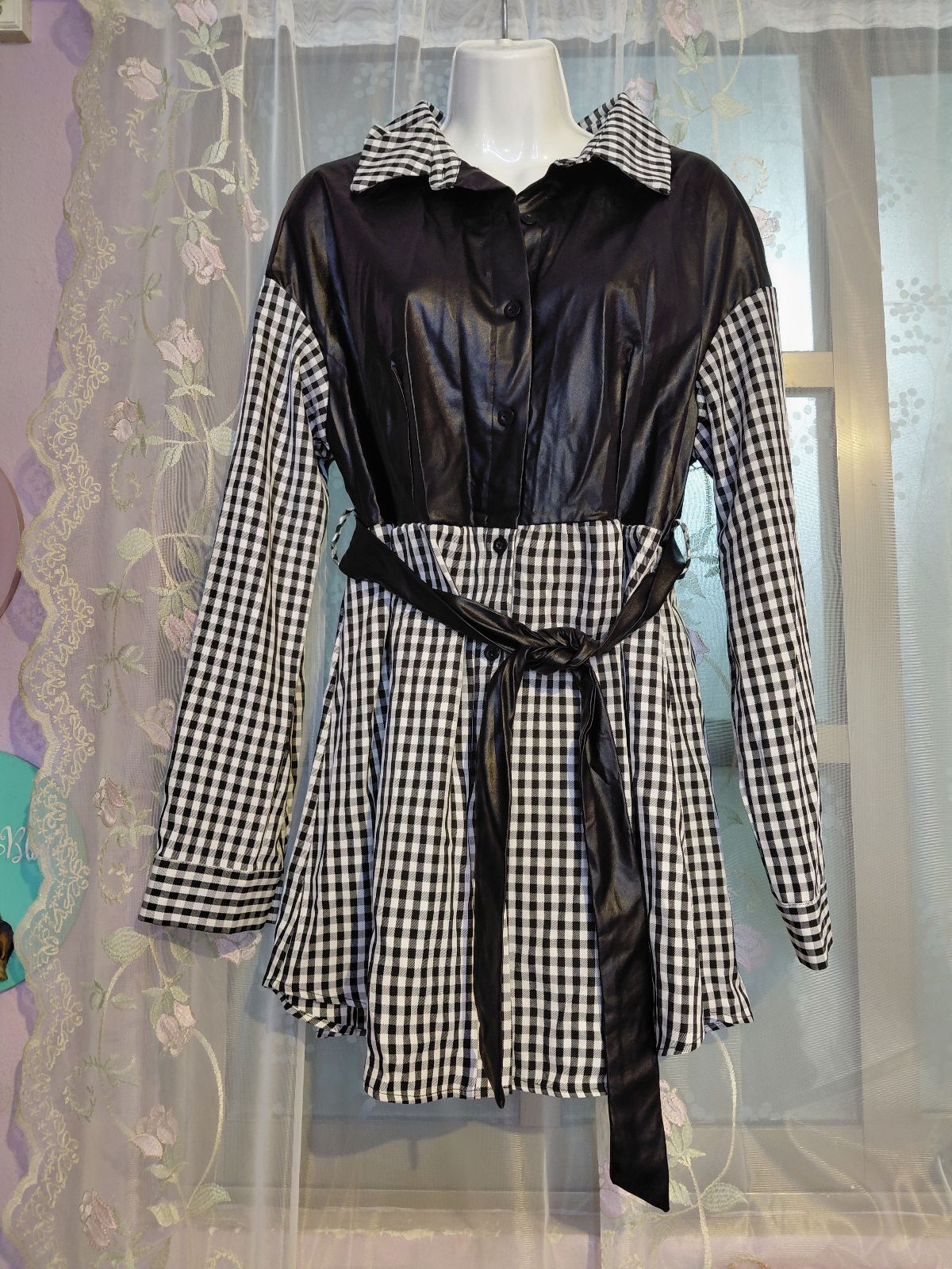 Blusón de Cuadros con Vini-piel Manga Larga - Talla XL