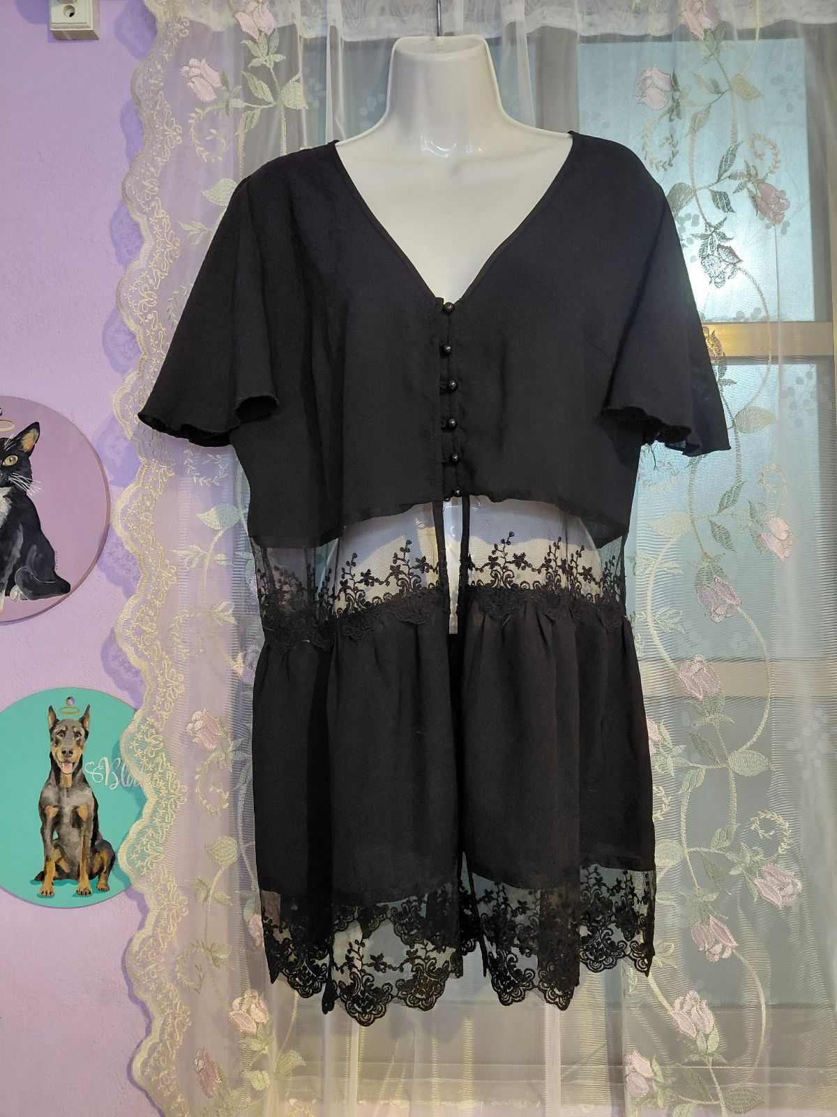 Maxiblusón Negro con Encaje y Transparencias Talla XL