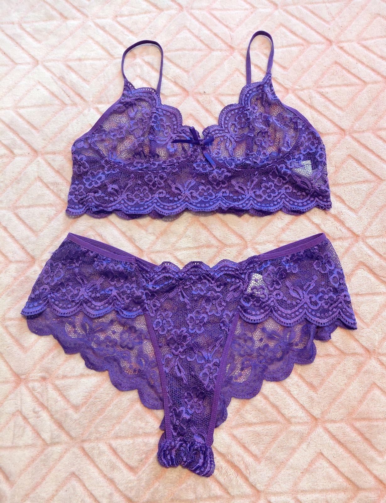 Set de Lencería de Encaje Floral Morado Talla XL