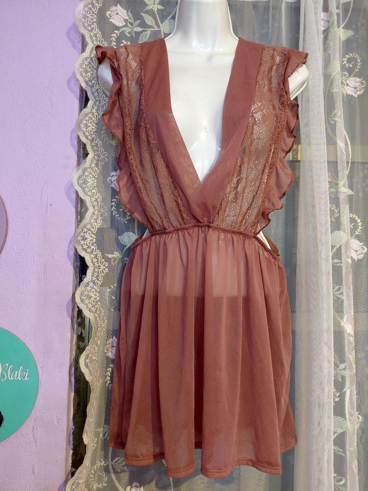 Baby Doll Rosa Viejo con Tanga y Encaje Floral - Talla XL