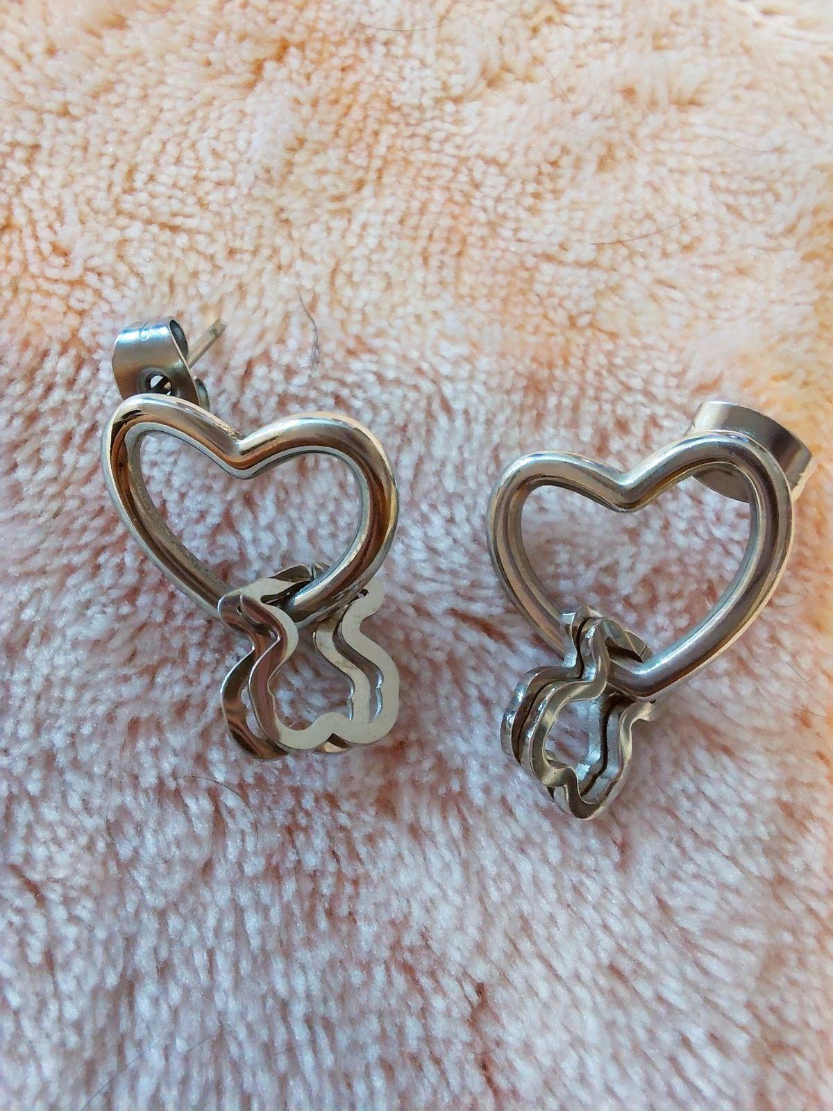 Aretes Corazón con Ositos Estilo Tous en Acero Inoxidable