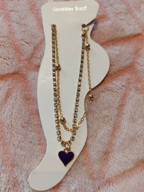 Tobillera Doble Cadena Dorada con Dije de Corazón Morado
