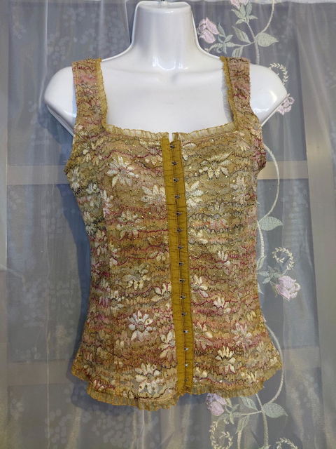 Top Corsé de Encaje Floral y Brillos Dorado y Rosa