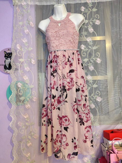 Maxi Vestido Largo De Encaje Y Chifón Floral Con Abertura