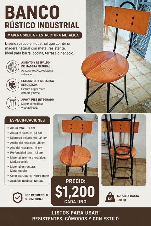 Banco rústico industrial de madera y metal