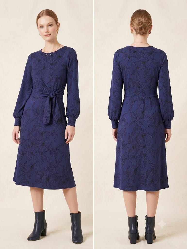 Vestido largo azul con estampado floral y cinturón