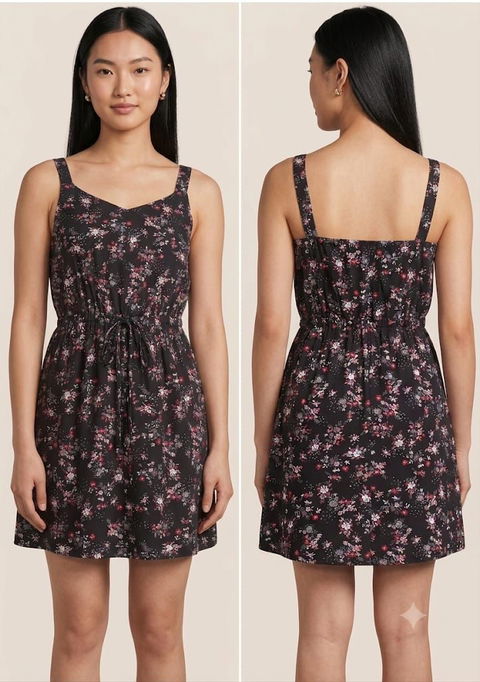 Vestido corto negro con estampado floral