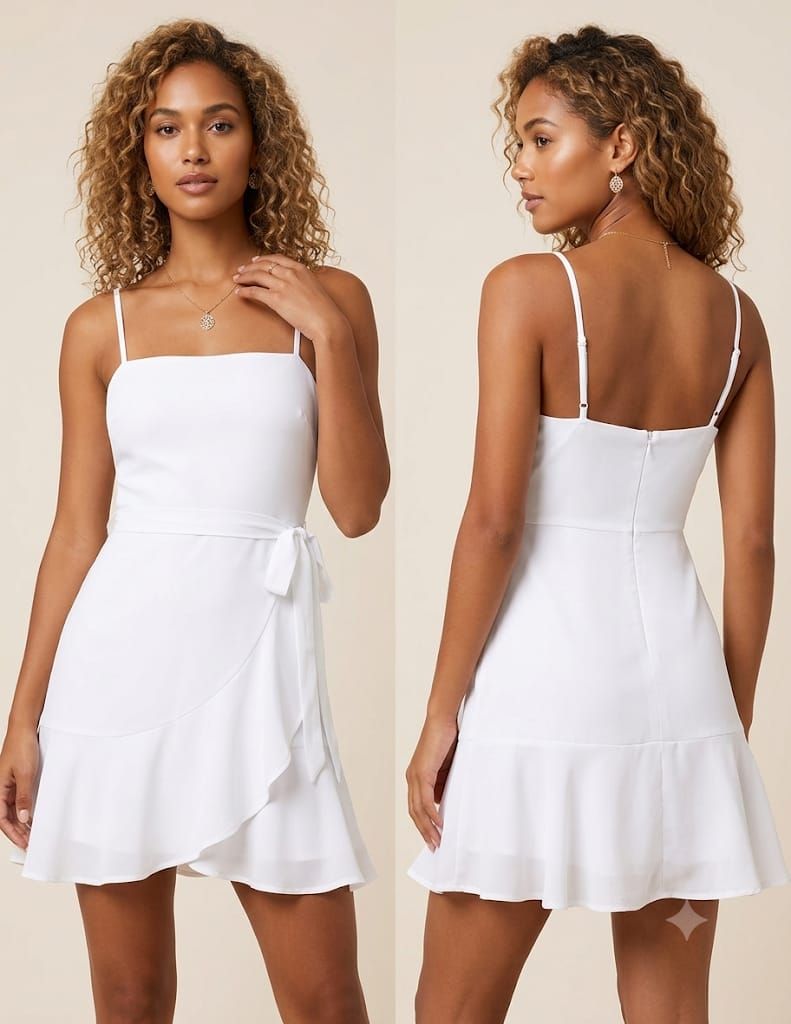 Vestido blanco corto con tirantes y detalle de lazo