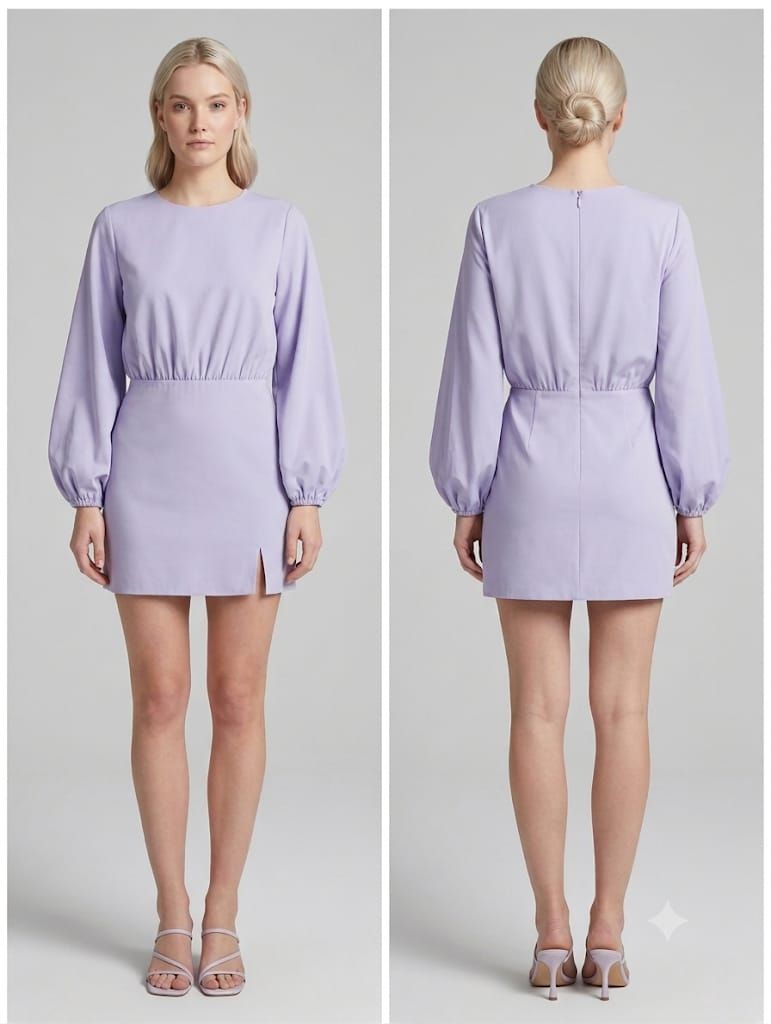Vestido corto de mujer color lila con mangas abullonadas