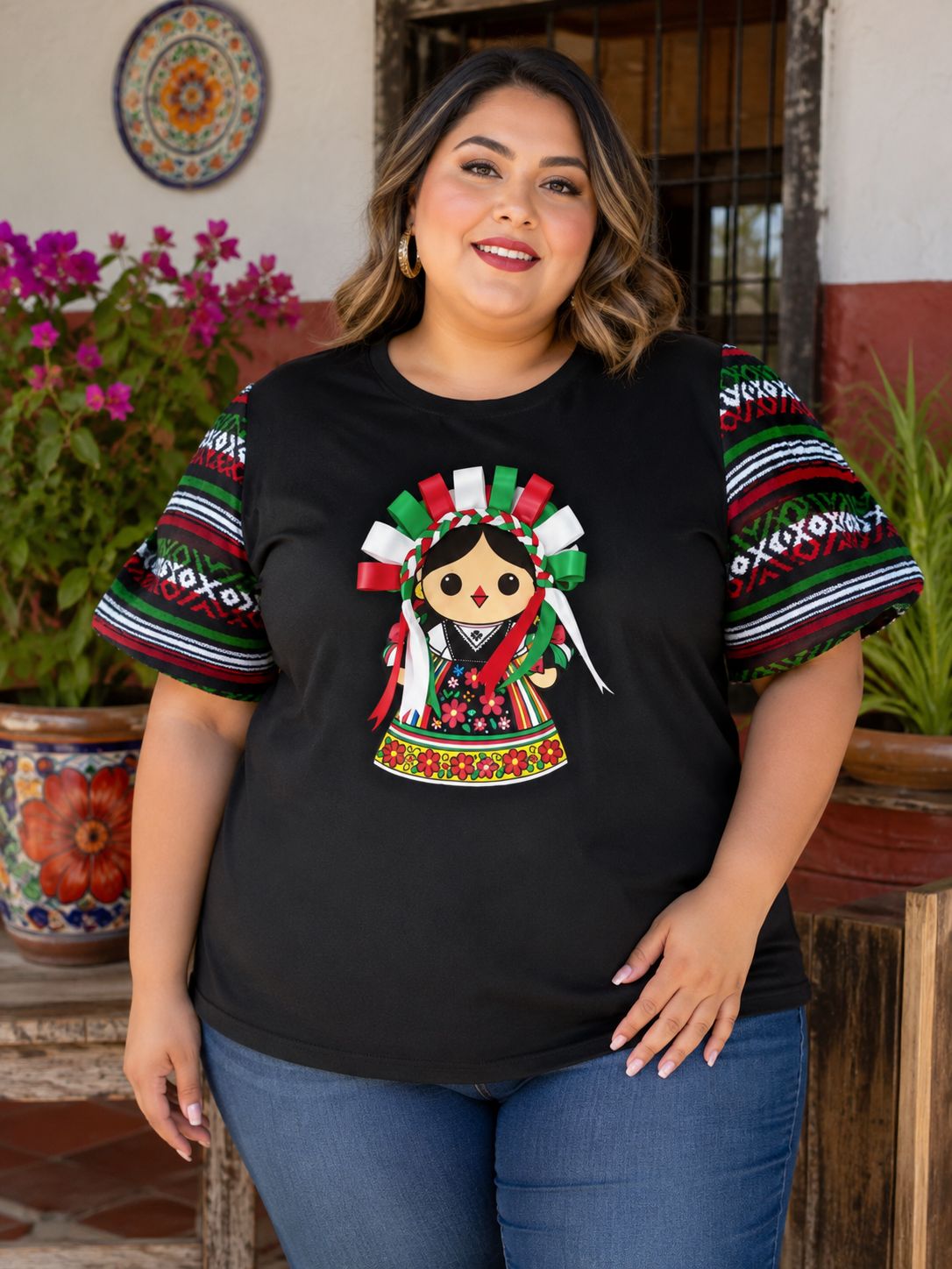 Playera Mexicana Decorada Talla Plus con Mangas de Cambaya
