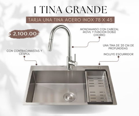 Tarja de Acero Inoxidable 78 x 45 cm con Mezcladora y Accesorios