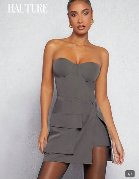 Vestido corto gris strapples con bolsillo