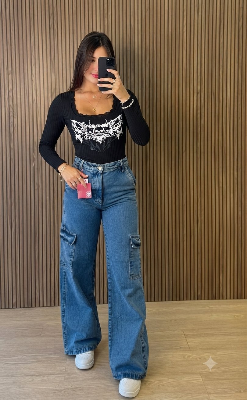 Crop Top Negro con Estampado de Calaveras - Buen Estado