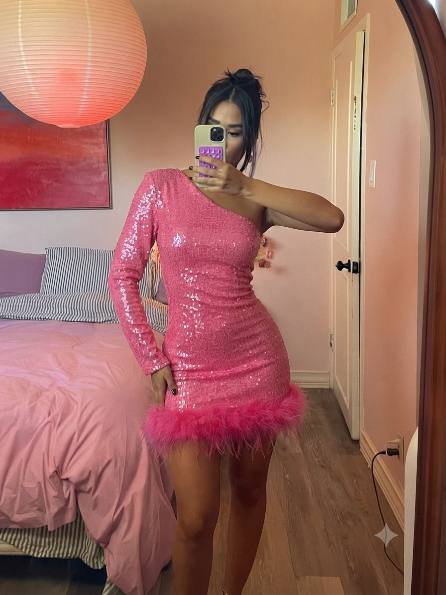 Vestido rosa Barbie con lentejuelas y plumas